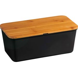 Zwarte brood bewaarbak/bewaardoos met bamboe houten snijplank deksel 18 x 34 x 14 cm   -