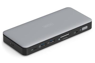 DIGITUS USB-C docking station - 11 poorten - 2x HDMI, 1x Displayport UltraHD 4k/60Hz - 2x USB-A 3.2 Gen2, 1x USB-C 3.2 Gen2-1x RJ45 - Dubbele kaartlezer - 1x 3,5mm audio - Grijs