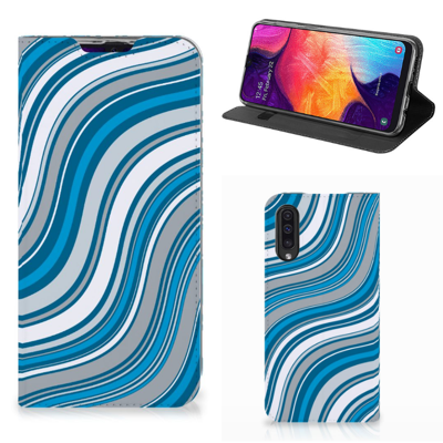 Samsung Galaxy A50 Hoesje met Magneet Waves Blue Samsung Galaxy A50 Hoesje met Magneet Waves Blue