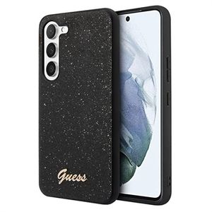 Guess Glitter Flakes Metal Logo Samsung Galaxy S23 5G Hybride Hoesje - Zwart