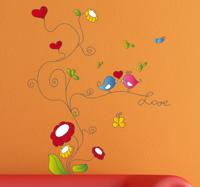 Sticker kind vogels verliefd plant bloemen