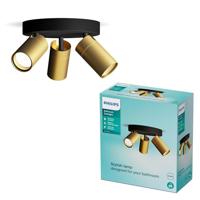 Philips Idris Spot - Plafondspot - Spatwaterdicht IP44 - Zwart met goud - Badkamerlamp - Drie lichtpunten - Ronde basisplaat - Alleen geschikt voor LED spots