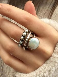 Vintage Silver Distressed Pearl Open Ring