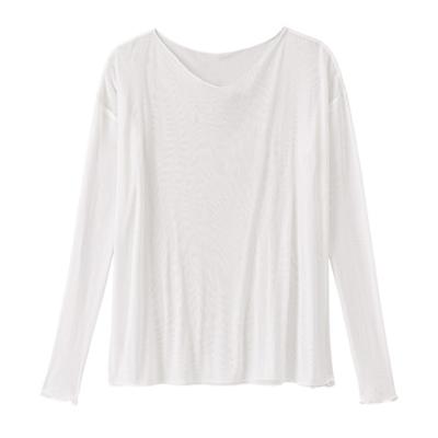 Licht transparent shirt met lange mouwen uit bio-zijde met V-hals, natuurwit 48