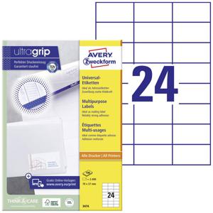 Avery-Zweckform 3474 Universele etiketten 70 x 37 mm Papier Wit 2400 stuk(s) Permanent hechtend Inkjet, Laser (zwart/wit), Laser (kleur), Kopiëren (zwart/wit),