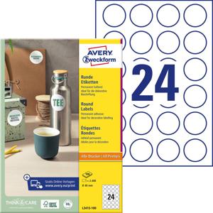 Avery-Zweckform L3415-100 Universele etiketten Ø 40 mm Papier Wit 2400 stuk(s) Permanent hechtend Inkjet, Laser (zwart/wit), Laser (kleur), Kopiëren