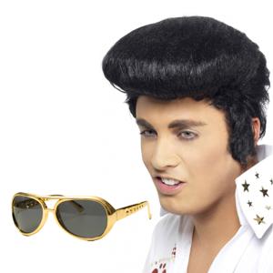 Rock and Roll ster Elvis verkleed set - herenpruik zwart met kuif - en bril goud montuur