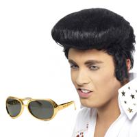 Rock and Roll ster Elvis verkleed set - herenpruik zwart met kuif - en bril goud montuur - thumbnail