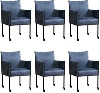 Set van 6 Blauwe leren moderne kuipstoel More - poot rond zwart met wiel - Kenia Leer Denim (blauw leer)