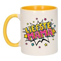 Liefste mama cadeau mok / beker wit en geel met sterren 300 ml   -