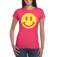 Verkleed T-shirt voor dames - smiley - roze - carnaval/foute party - feestkleding