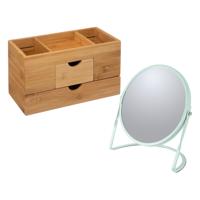 Make-up organizer en spiegel set - lades/vakjes - bamboe/metaal - 5x zoom spiegel