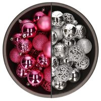 74x stuks kunststof kerstballen mix van fuchsia roze en zilver 6 cm - thumbnail