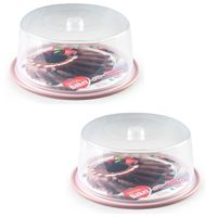 2x stuks ronde taart/gebak bewaardoos transparant 32 x 15 cm met roze bodem