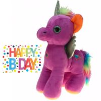 Pluche knuffel eenhoorn paars 35 cm met Happy Birthday wenskaart - thumbnail