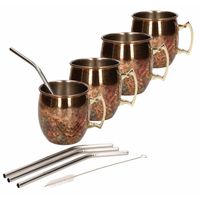 4x Cocktailbeker/cocktailglas Moscow Mule set met rietjes 450 ml antiek koper - thumbnail