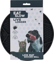 Eat Slow Live Longer Likmat - Ø 22 cm - slow feeder - anti-kras - voermat - lekschaal - voor nat voer en brokken - vaatwasmachinebestendig - voetbal - antislip - zwart