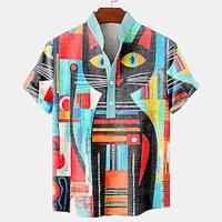 Hawaii Boho Voor heren linnen overhemd Henley-shirt Korte mouw Dagelijks gebruik Vakantie Zomer Lente Mandarijn Kraag Band Kraag nappi 3D-afdrukken Medium Geel blauw 20% linnen Lightinthebox - thumbnail