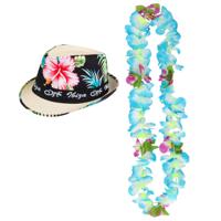 Hawaii thema party verkleedset - Trilby strohoedje - bloemenkrans lichtblauw/wit - Tropical toppers - thumbnail