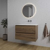 Adema Chaci Badkamermeubelset - 80x46x55cm - 1 keramische wasbak wit - zonder kraangaten - 2 lades - ronde spiegel met verlichting - noten (hout) SW718697/SW773926/SW108328 - thumbnail