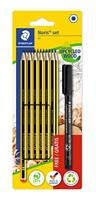 STAEDTLER Noris 120 BK12P3 Potlodenset, made from Upcycled Wood, 12 potloden hardheid HB, permanente universele marker Lumocolor zwart