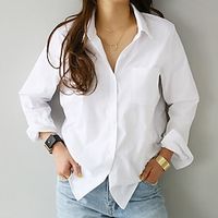 Overhemd Blouse Dames Wit Effen Kleur nappi Zak Dagelijks Basic Overhemdkraag Normale pasvorm M / M Lightinthebox - thumbnail