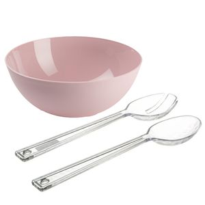 Salade serveer schaal - roze - kunststof - Dia 25 cm - met sla couvert/bestek