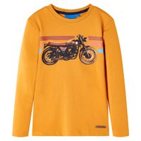 Kindershirt met lange mouwen motorprint 140 okerkleurig