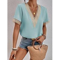 Dames Blouse Geklede topjes Kant Werk Stijlvol Modern Korte mouw V-hals Zwart Zomer Lightinthebox