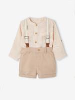 Feestelijk babysetje: blouse + short + bretels taupe