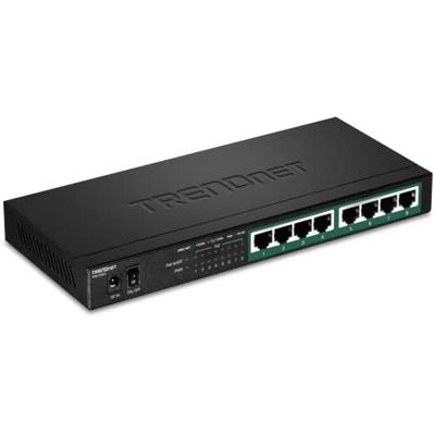 TRENDnet TPE-TG83 Gigabit PoE+ Switch 8 poorten, 65 W PoE-voedingsbudget, 16 Gbps switchcapaciteit, QoS IEEE 802.1p, DSCP Pass-Through ondersteuning, zonder ventilator, zwart