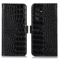 Crocodile Series Samsung Galaxy S23 Ultra 5G Wallet Leren Hoesje met RFID - Zwart - thumbnail