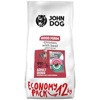 John Dog Hondenvoer voor volwassen honden, droogvoer voor honden, droogvoer voor honden, diervoer, huisdiervoer, vrij van multen - kip met rundvlees (gewicht: 12 kg)