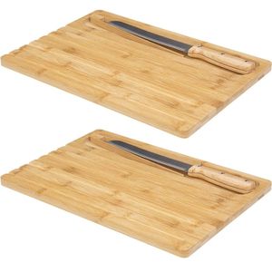 2x Stuks brood snijplank 40 x 27 cm van bamboe hout inclusief broodmes en pincet