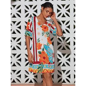 Dames Jurk met print Mini-jurk Oranje Halve mouw Bloemen Bloemen Stijl Opdrukken Zomer V-hals Jurken Vakantie XS S M