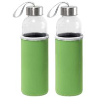 2x Stuks glazen waterfles/drinkfles met groene softshell bescherm hoes 520 ml