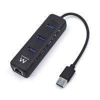Ewent EW1140 hub met 3 poorten USB 3.1, 1-LAN RJ45 10/100/1000; voor Utrabooks, notebooks en desktop-pc's, zwart