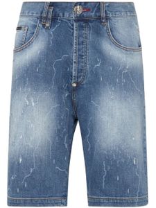 Philipp Plein logo-patch stonewashed denim shorts - Bleu