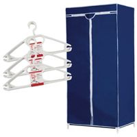 Set van mobiele opvouwbare kledingkast met blauwe hoes 160 cm en 15x plastic kledinghangers wit