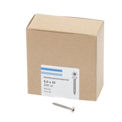 Spaanplaatschroef roestvaststaal A2 platkop torx-20 4.0X35 voldraad (200) Spaanplaatschroef roestvaststaal A2 platkop torx-20 4.0X35 voldraad (200)