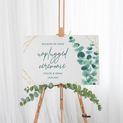 Bruiloft bord unplugged ceremonie golden green Bruiloft bord unplugged ceremonie golden green