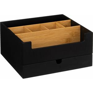 Make up/bureau organizer - zwart - 26 x 24 x 13 cm - bamboe hout - pennenbakje