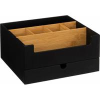 Make up/bureau organizer - zwart - 26 x 24 x 13 cm - bamboe hout - pennenbakje - thumbnail