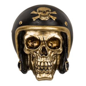 Spaarpot van Biker doodshoofd - polyresin - 15 x 13 cm - Zwart/goud - Volwassenen