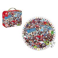 Janod - Extreme Firemen Round Observation Puzzle 208 Pieces - Suitcase with Handle - For children from the Age of 6, J02793
