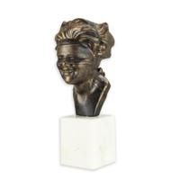 A CAST IRON SCULPTURE OF A BLINDFOLDED WOMAN ON MARBLE BASE - thumbnail