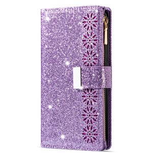 Samsung Galaxy S20 Plus hoesje - Bookcase - Koord - Pasjeshouder - Portemonnee - Glitter - Bloemenpatroon - Kunstleer - Paars