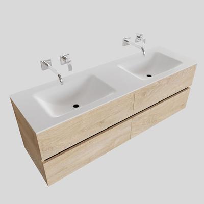 Badkamermeubel Hugo Hangend 150x50x45cm MDF Wood Washed Oak Solid Surface Wastafel Geen Kraangaten Dubbel met 4 Lades Badkamermeubel Hugo Hangend 150x50x45cm MDF Wood Washed Oak Solid Surface Wastafel Geen Kraangaten Dubbel met 4 Lades