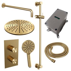 Regendoucheset Inbouw Brauer Gold Carving Thermostatisch 30cm 3-Weg Omstelling Gebogen Wandarm Glijstang en 3-Standen Handdouche Geborsteld Goud