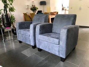 Set van 2 leren fauteuils met houten poten - blauw leer - Echt leer, Landelijk, ontdek de vele Leersoorten en Kleuren bij ShopX